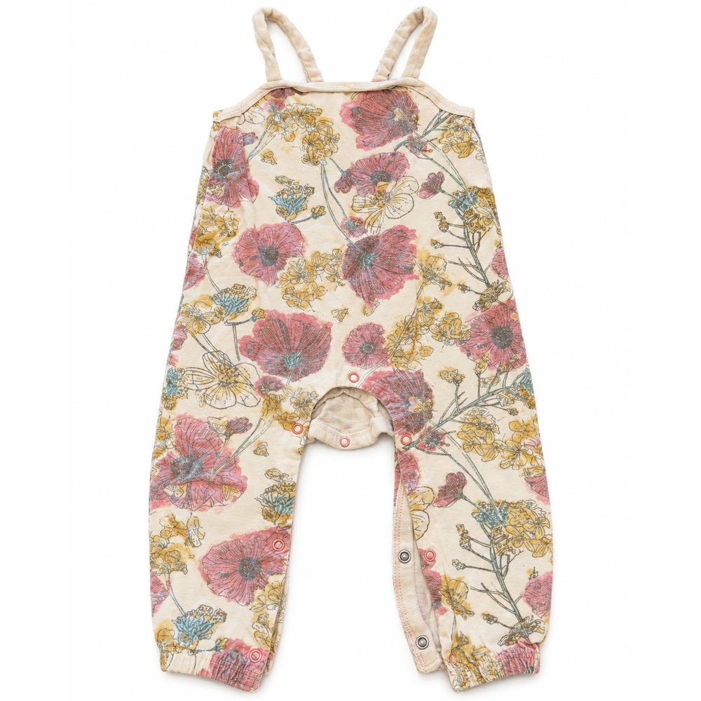Burts Bees Baby Floral Romper Cream Pink Sleeveless Long Leg Jumpsuit Girls 6-9M